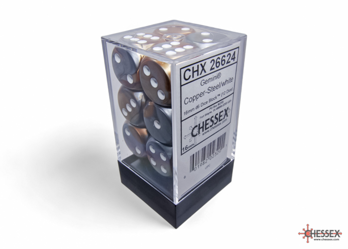 Gemini Copper-Steel/white 16mm d6 Dice Block (12 dice) - CHX26624